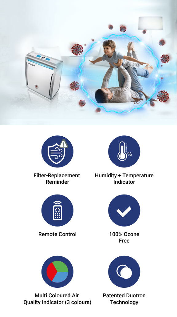 Filter-Replacement Reminder, Humidity + Temperature Indicator, Remote Control, 100% Ozone Free, Multi Coloured Air Quality Indicator (3 colours), Patented Duotron Technology