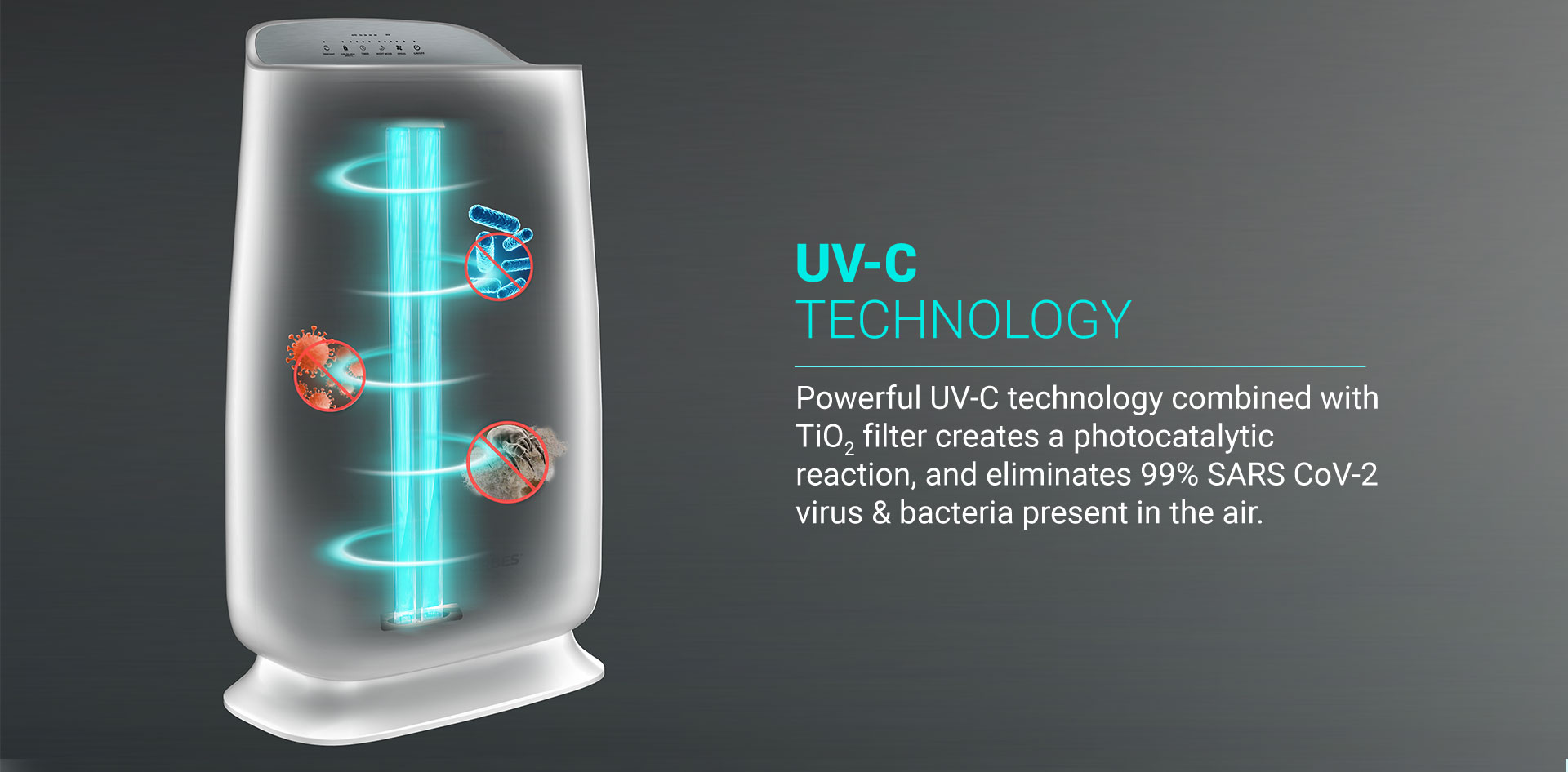 Powerful UV-C technology combined with TiO2 filter creates a photocatalytic reaction, and eliminates 99% SARS CoV-2 virus & bacteria present in the air.